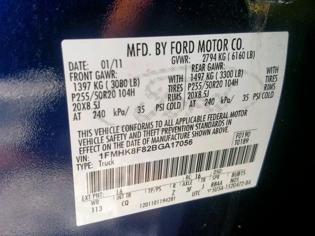 1FMHK8F82BGA17056 - 2011 FORD EXPLORER L BLUE photo 10