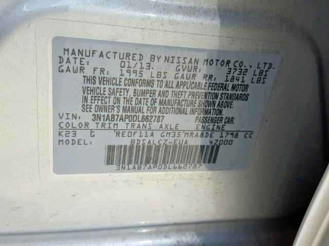 3N1AB7AP0DL662787 - 2013 NISSAN SENTRA S SILVER photo 10