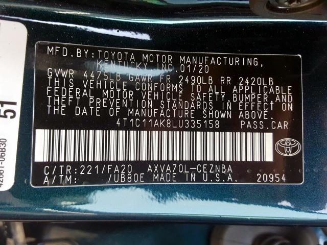 4T1C11AK8LU335158 - 2020 TOYOTA CAMRY LE  photo 10