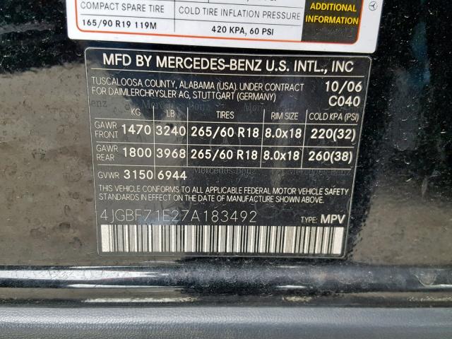 4JGBF71E27A183492 - 2007 MERCEDES-BENZ GL 450 4MA BLACK photo 10