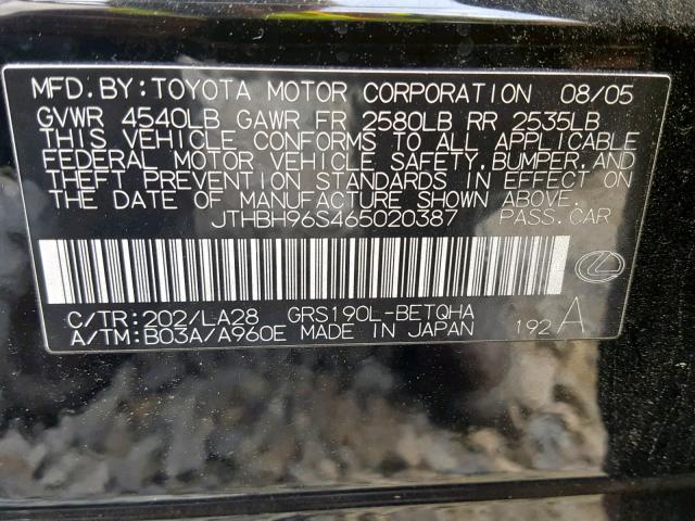 JTHBH96S465020387 - 2006 LEXUS GS 300 BLACK photo 10