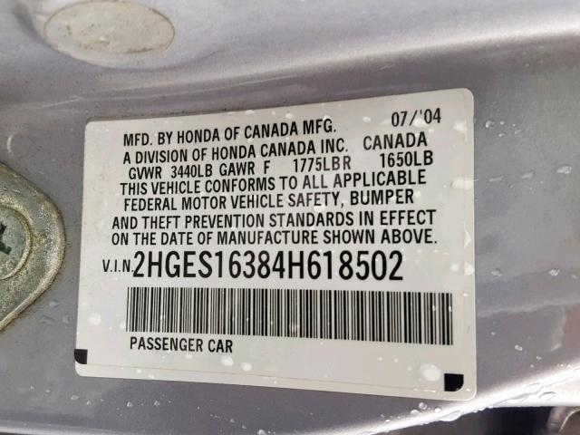 2HGES16384H618502 - 2004 HONDA CIVIC DX V SILVER photo 10