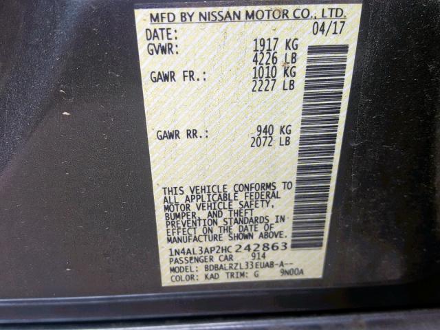 1N4AL3AP2HC242863 - 2017 NISSAN ALTIMA 2.5 GRAY photo 10