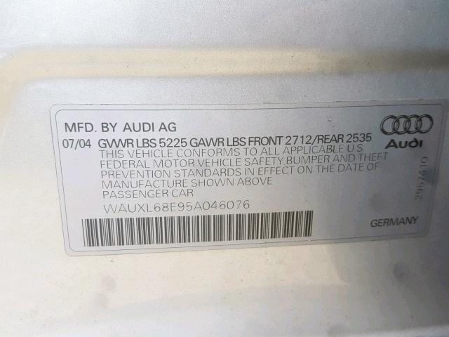 WAUXL68E95A046076 - 2005 AUDI S4 AVANT Q SILVER photo 10