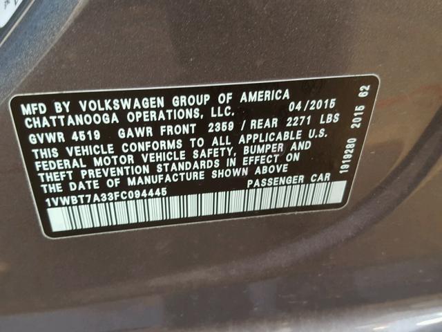 1VWBT7A33FC094445 - 2015 VOLKSWAGEN PASSAT SE GRAY photo 10