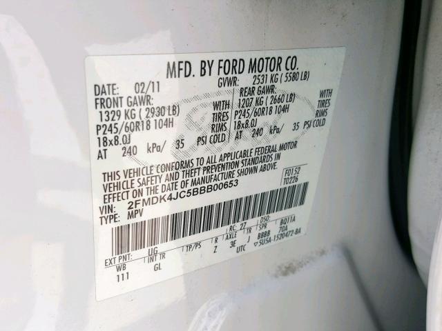 2FMDK4JC5BBB00653 - 2011 FORD EDGE SEL WHITE photo 10