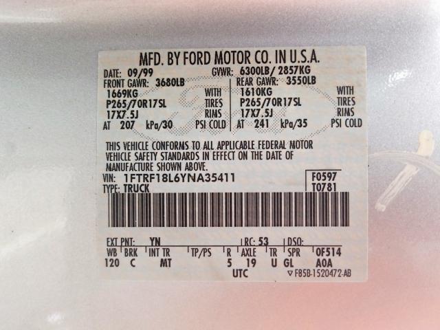 1FTRF18L6YNA35411 - 2000 FORD F150  photo 10