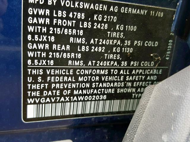 WVGAV7AX1AW002036 - 2010 VOLKSWAGEN TIGUAN S BLUE photo 10