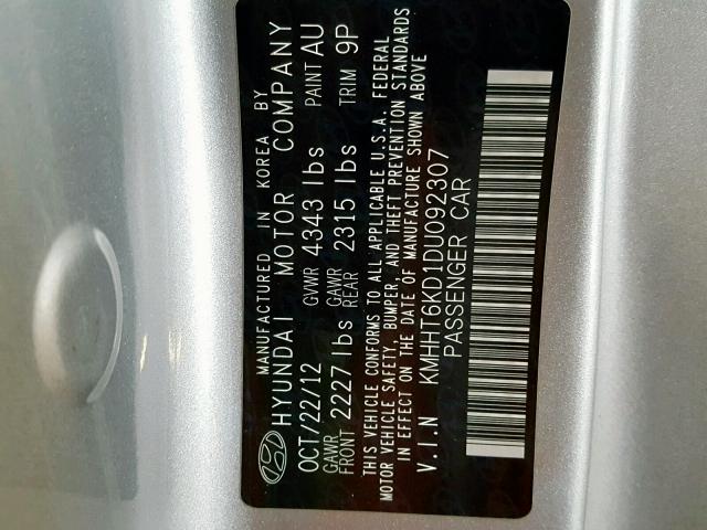 KMHHT6KD1DU092307 - 2013 HYUNDAI GENESIS CO SILVER photo 10