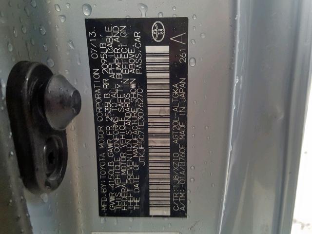 JTKJF5C71E3076270 - 2014 TOYOTA SCION TC ვერცხლისფერი ფოტო 10