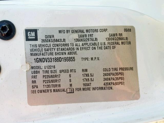 1GNDV33188D196855 - 2008 CHEVROLET UPLANDER L 白色 照片 10