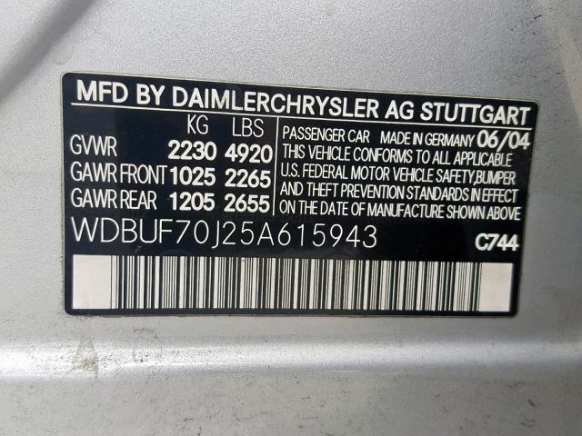 WDBUF70J25A615943 - 2005 MERCEDES-BENZ E 500 SILVER photo 10