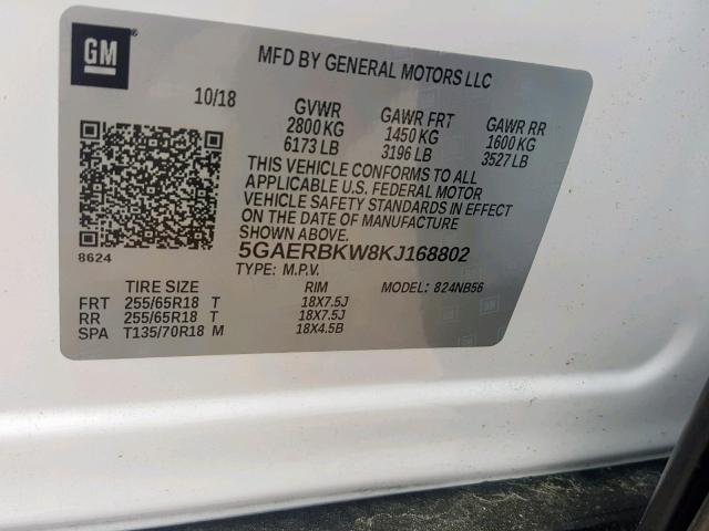 5GAERBKW8KJ168802 - 2019 BUICK ENCLAVE ES WHITE photo 10