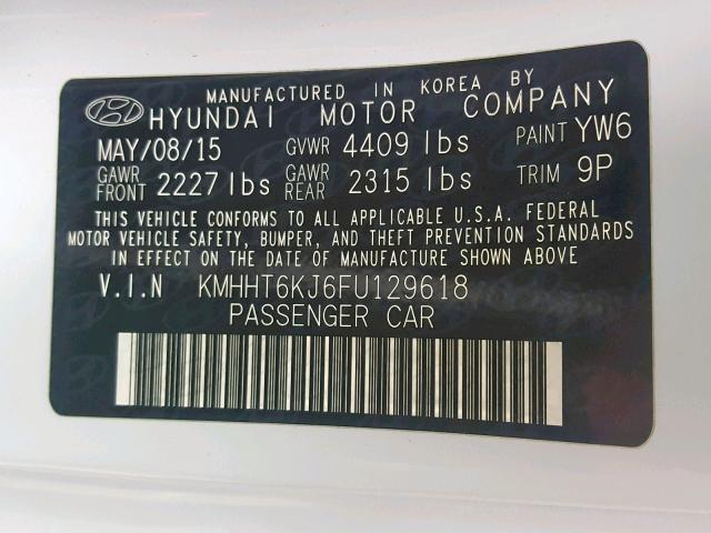 KMHHT6KJ6FU129618 - 2015 HYUNDAI GENESIS CO WHITE photo 10