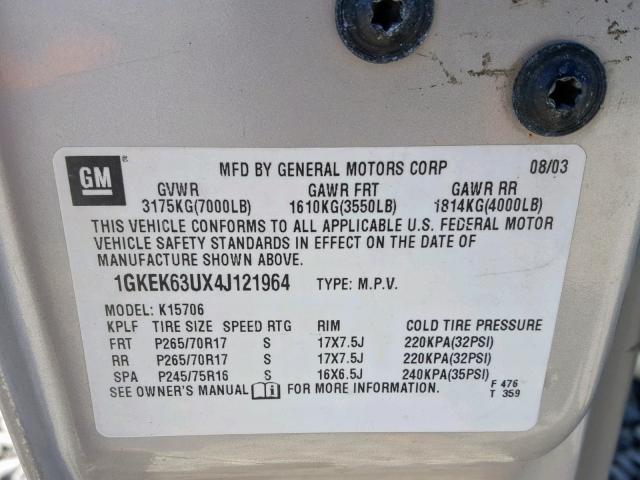 1GKEK63UX4J121964 - 2004 GMC YUKON DENA TAN photo 10