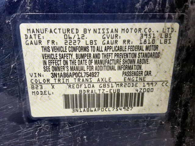 3N1AB6AP0CL754927 - 2012 NISSAN SENTRA 2.0 BLUE photo 10