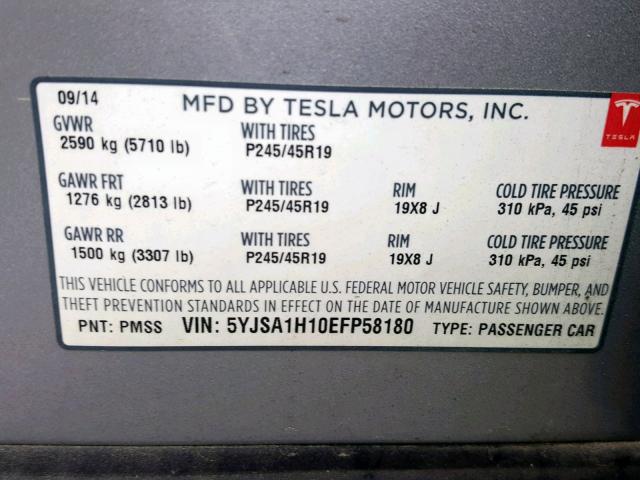 5YJSA1H10EFP58180 - 2014 TESLA MODEL S SILVER photo 10