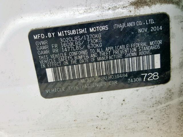 ML32A3HJXFH035484 - 2015 MITSUBISHI MIRAGE DE WHITE photo 10