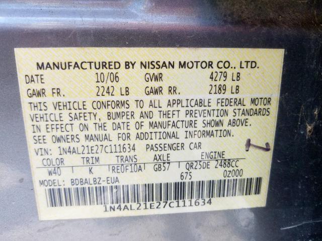 1N4AL21E27C111634 - 2007 NISSAN ALTIMA 2.5  photo 10