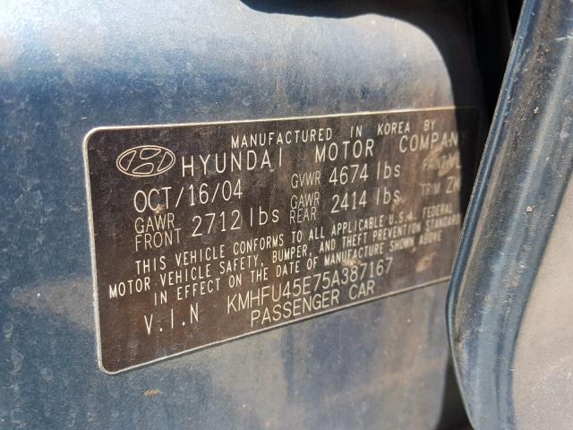 KMHFU45E75A387167 - 2005 HYUNDAI XG 350 BLUE photo 10