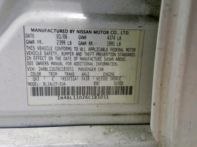 1N4BL11D26C183051 - 2006 NISSAN ALTIMA SE WHITE photo 10