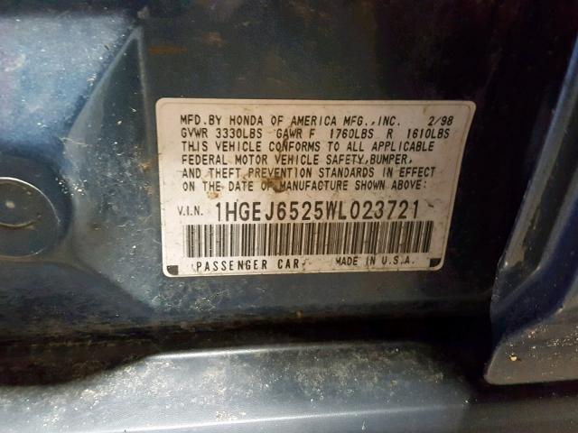 1HGEJ6525WL023721 - 1998 HONDA CIVIC DX BLUE photo 10