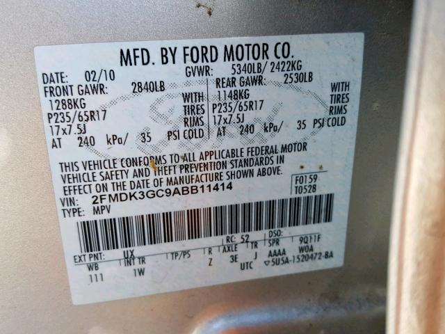 2FMDK3GC9ABB11414 - 2010 FORD EDGE SE SILVER photo 10