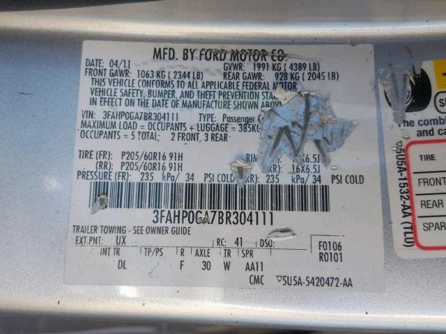 3FAHP0GA7BR304111 - 2011 FORD FUSION S SILVER photo 10