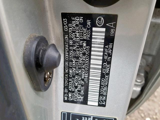 JTHBD192330077018 - 2003 LEXUS IS 300 SILVER photo 10