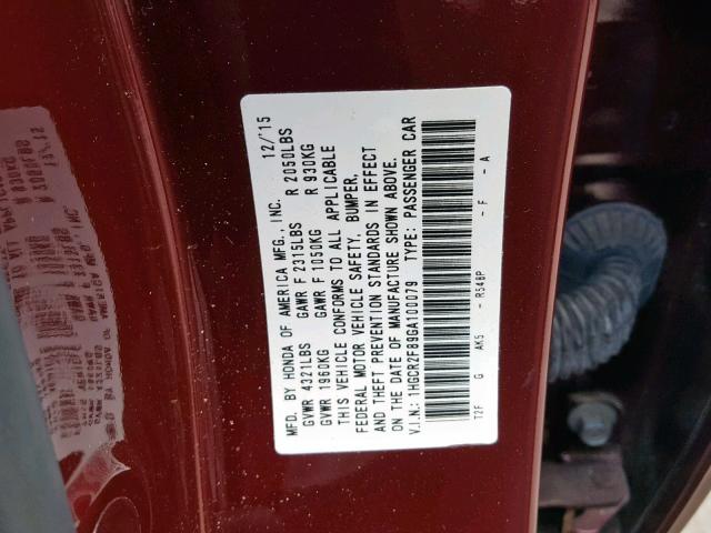 1HGCR2F89GA100079 - 2016 HONDA ACCORD EXL BURGUNDY photo 10