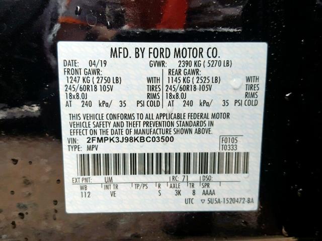 2FMPK3J98KBC03500 - 2019 FORD EDGE SEL BLACK photo 10