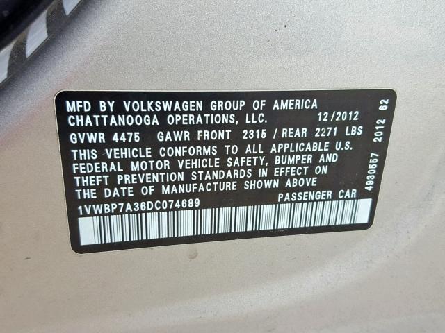 1VWBP7A36DC074689 - 2013 VOLKSWAGEN PASSAT SE SILVER photo 10