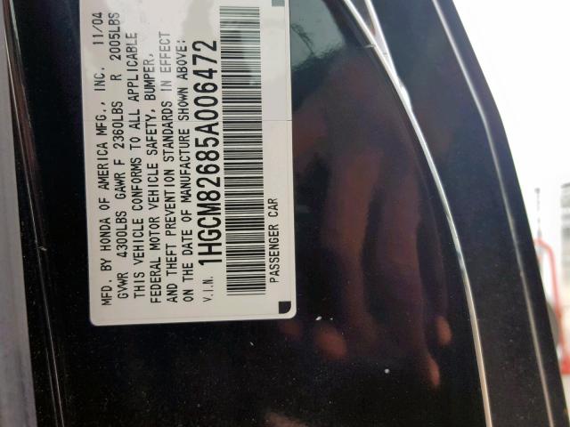 1HGCM82685A006472 - 2005 HONDA ACCORD BLACK photo 10