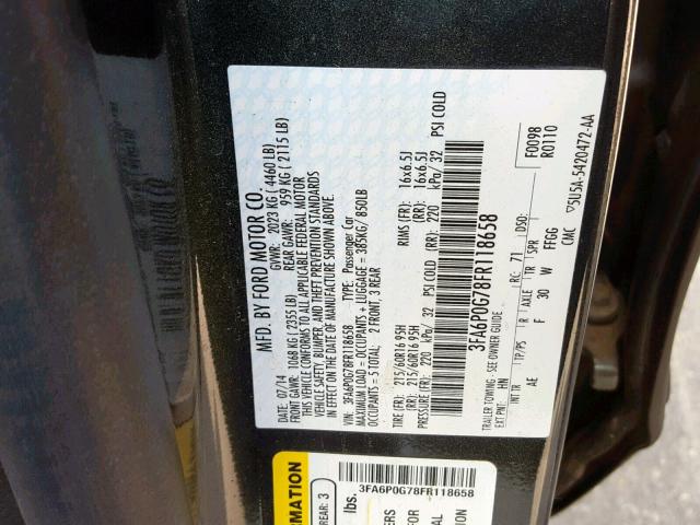 3FA6P0G78FR118658 - 2015 FORD FUSION S CHARCOAL photo 10