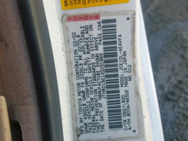 JTHBD192120051869 - 2002 LEXUS IS 300 WHITE photo 10