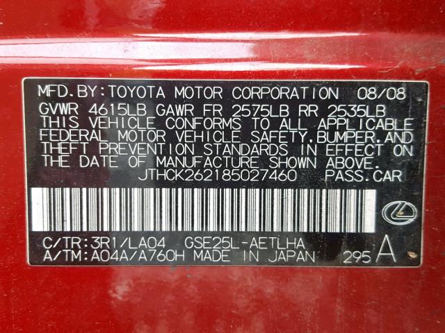 JTHCK262185027460 - 2008 LEXUS IS 250 RED photo 10