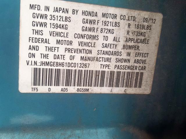 JHMGE8H61DC013267 - 2013 HONDA FIT SPORT  photo 10