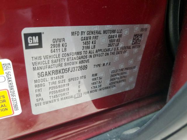 5GAKRBKD5FJ372609 - 2015 BUICK ENCLAVE  photo 10