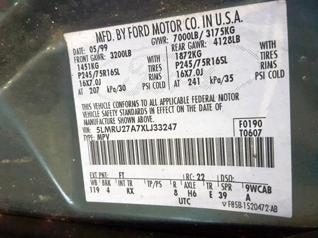 5LMRU27A7XLJ33247 - 1999 LINCOLN NAVIGATOR 绿色 照片 10