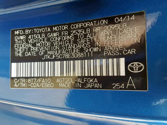 JTKJF5C78E3088111 - 2014 TOYOTA SCION TC 蓝色 照片 10