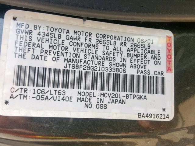 JT8BF28G210333806 - 2001 LEXUS ES 300 CHARCOAL photo 10