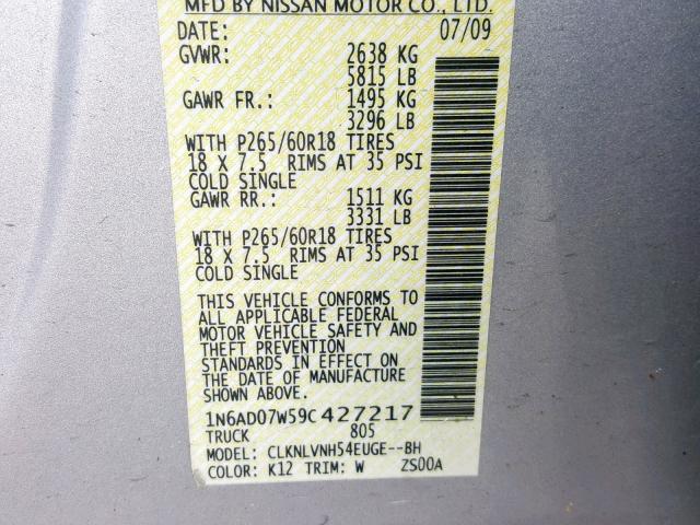 1N6AD07W59C427217 - 2009 NISSAN FRONTIER C GRAY photo 10