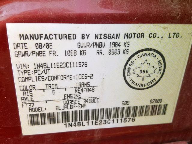 1N4BL11E23C111576 - 2003 NISSAN ALTIMA SE RED photo 10