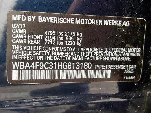 WBA4F9C31HG813180 - 2017 BMW 430XI GRAN BLUE photo 10