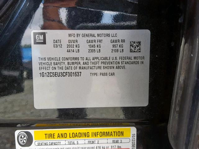 1G1ZC5EU3CF301637 - 2012 CHEVROLET MALIBU 1LT BLACK photo 10