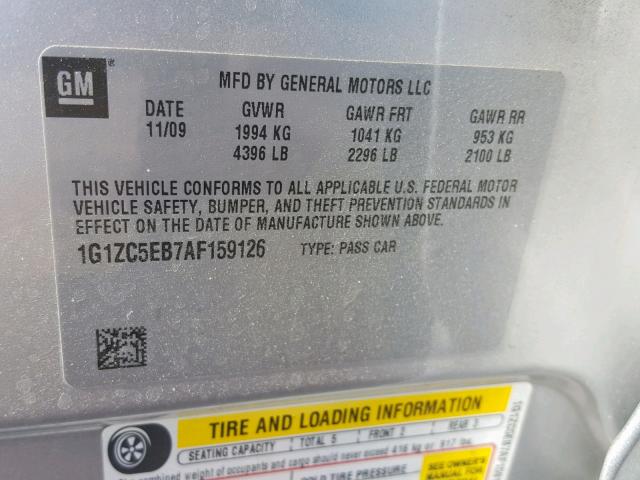 1G1ZC5EB7AF159126 - 2010 CHEVROLET MALIBU 1LT 银色 照片 10