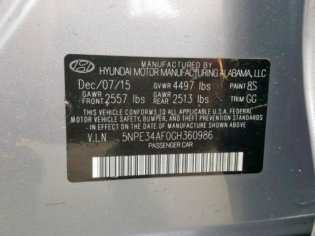 5NPE34AF0GH360986 - 2016 HYUNDAI SONATA SPO GRAY photo 10