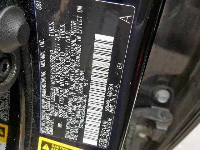 5TDYK3EH9AS023076 - 2010 TOYOTA HIGHLANDER BLACK photo 10