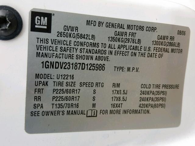 1GNDV23187D125986 - 2007 CHEVROLET UPLANDER L 白色 照片 10