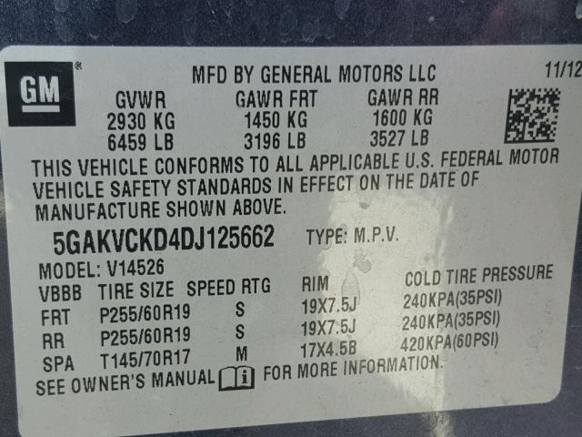 5GAKVCKD4DJ125662 - 2013 BUICK ENCLAVE BLUE photo 10